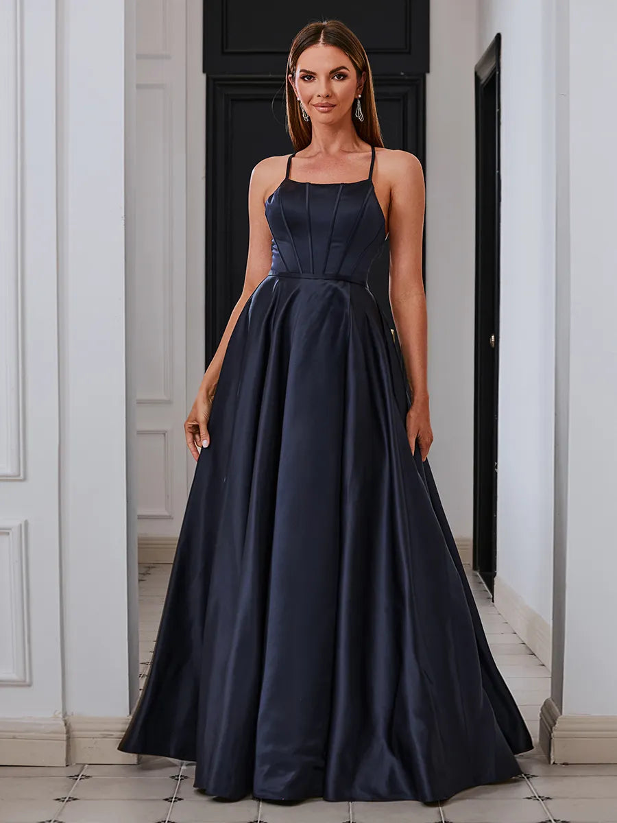 Elegant Navy Satin A-Line Square Lace-up Slit Prom Dress