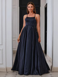 Elegant Navy Satin A-Line Square Lace-up Slit Prom Dress