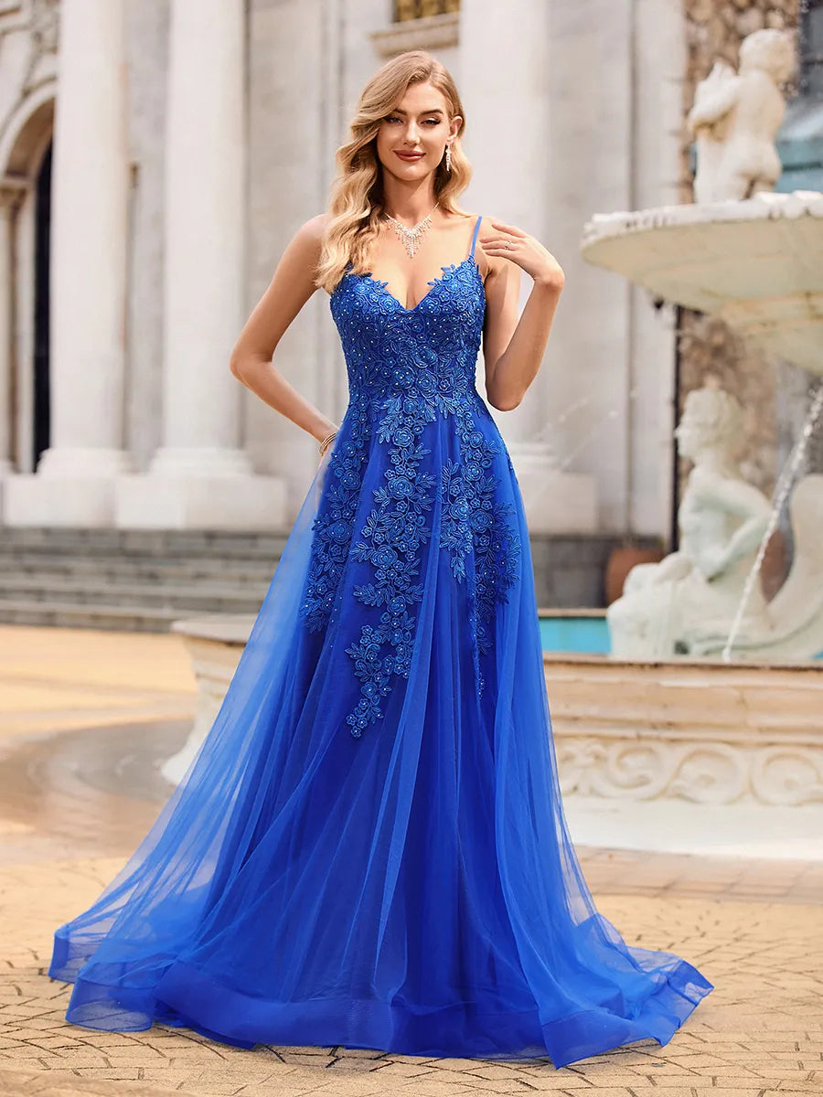 Stunning Royal Tulle A-Line V-Neck Lace-up Train Prom Dress