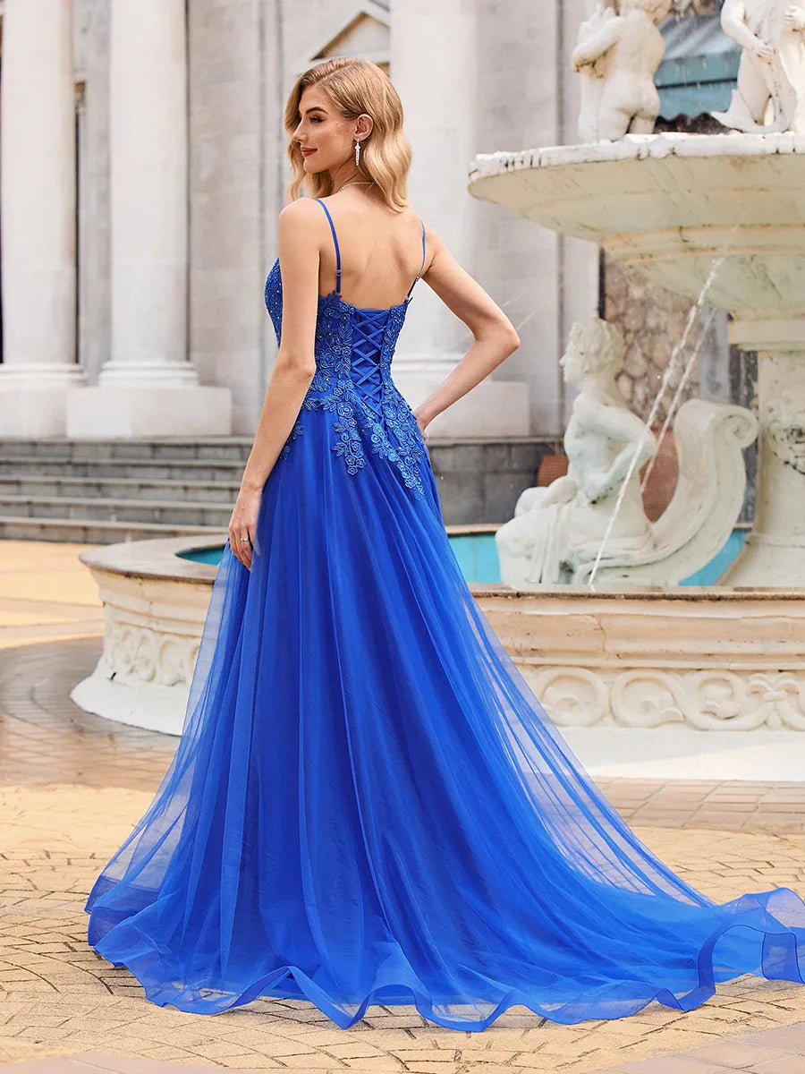Stunning Royal Tulle A-Line V-Neck Lace-up Train Prom Dress
