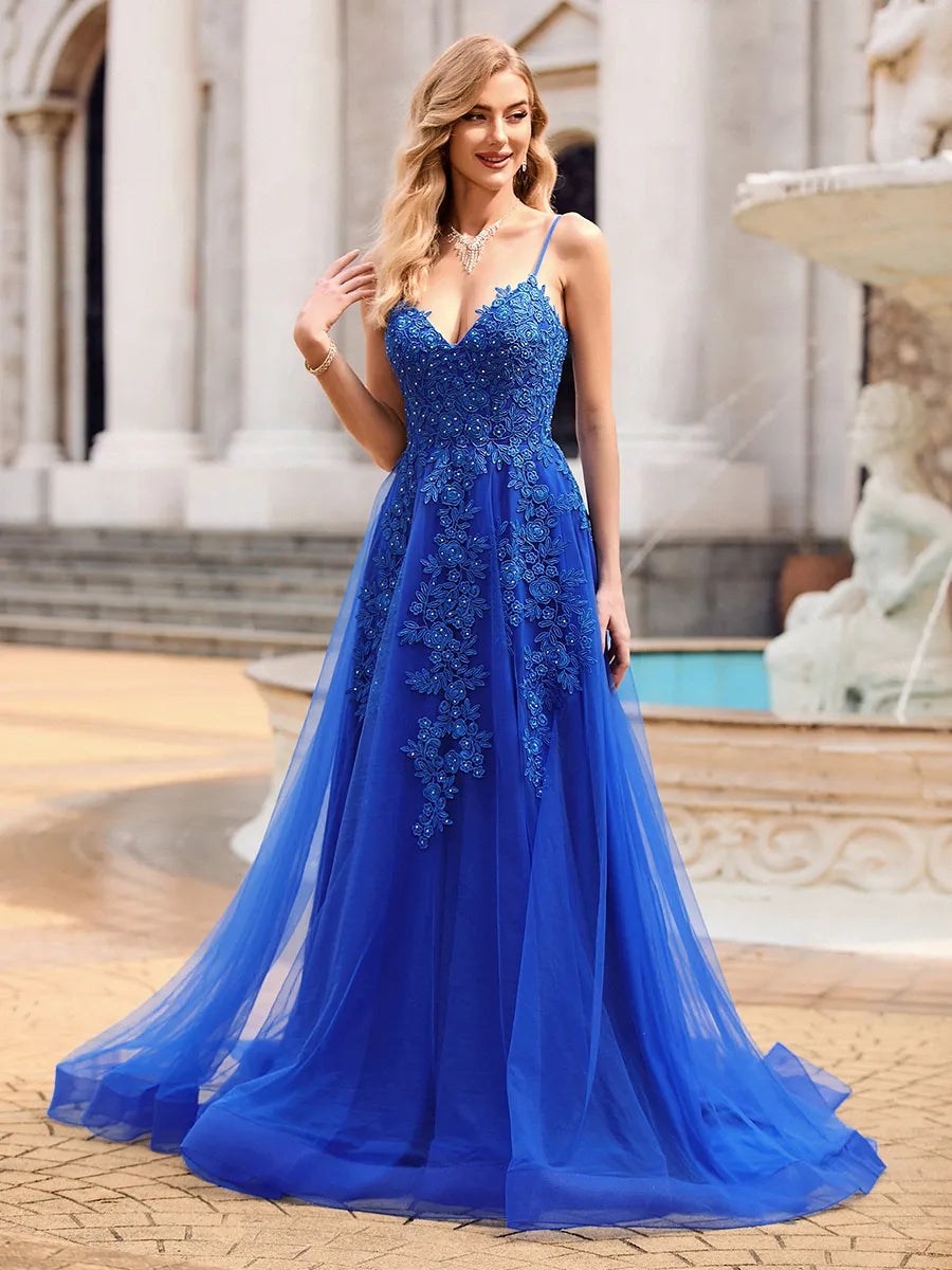 Stunning Royal Tulle A-Line V-Neck Lace-up Train Prom Dress