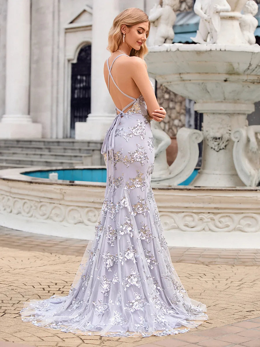 Gorgeous Lavender Tulle Mermaid V-Neck Crisscross Train Prom Dress