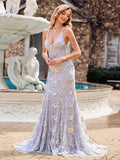 Gorgeous Lavender Tulle Mermaid V-Neck Crisscross Train Prom Dress