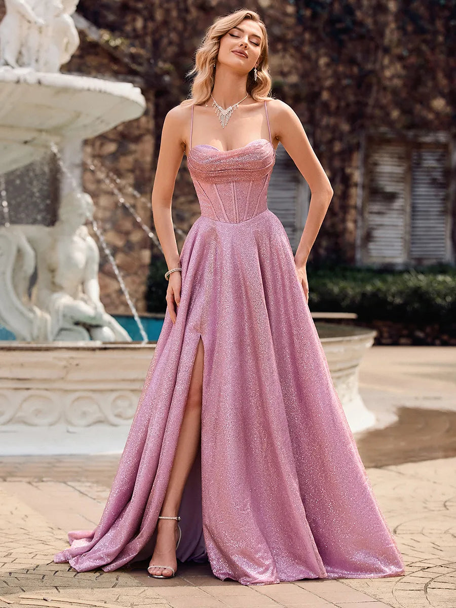 Elegant Dusty Glitter A-Line Cowl Strap Lace-Up Slit Train Prom Dress