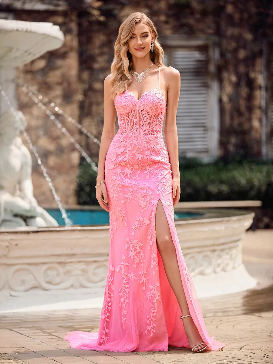 Vibrant Hot Tulle Mermaid Sweetheart Strap Lace-Up Slit Train Prom Dress