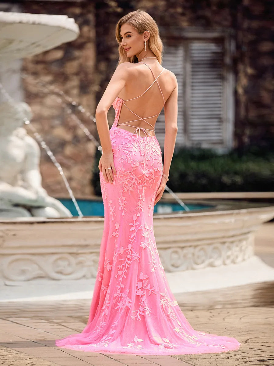 Vibrant Hot Tulle Mermaid Sweetheart Strap Lace-Up Slit Train Prom Dress