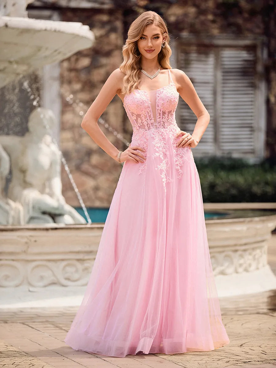 Romantic Pink Tulle A-Line Sweetheart Spaghetti Strap Lace-Up Floor-Length Prom Dress