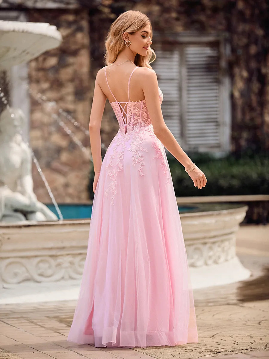 Romantic Pink Tulle A-Line Sweetheart Spaghetti Strap Lace-Up Floor-Length Prom Dress