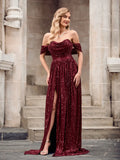 Stunning Burgundy Sequin A-Line Cowl Off-Shoulder Open-Back Slit Train Prom Dress