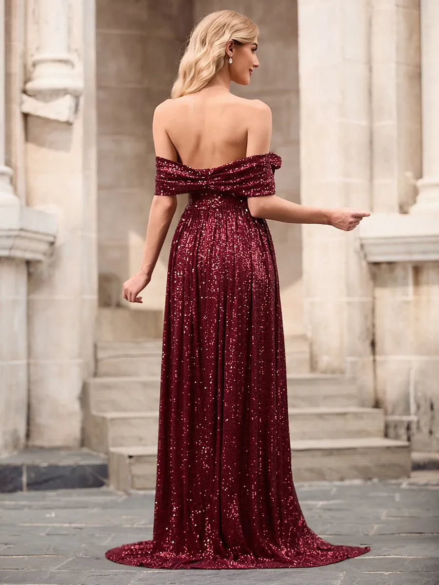 Stunning Burgundy Sequin A-Line Cowl Off-Shoulder Open-Back Slit Train Prom Dress