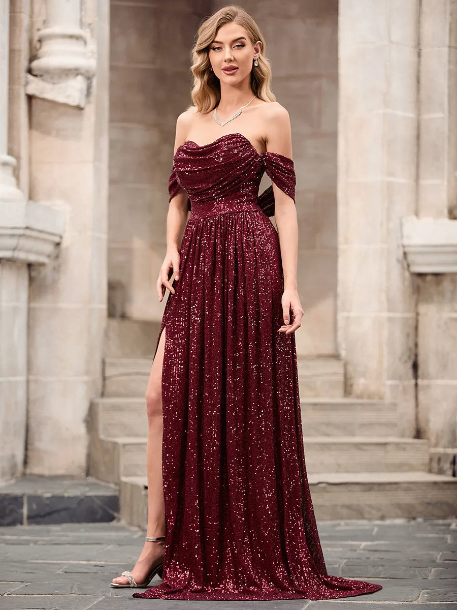 Stunning Burgundy Sequin A-Line Cowl Off-Shoulder Open-Back Slit Train Prom Dress