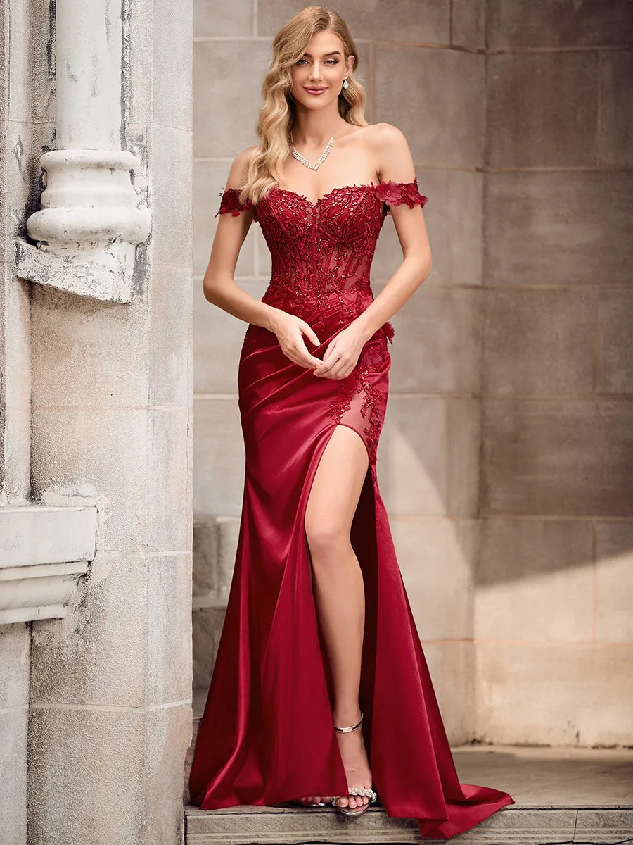 Gorgeous Burgundy Satin Mermaid Off-Shoulder Short-Sleeve Zip Slit Train Prom Dress