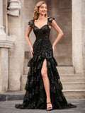 Glamorous Black Sequin Lace Mermaid Sweetheart Cap Sleeve Low Back Train Prom Dress