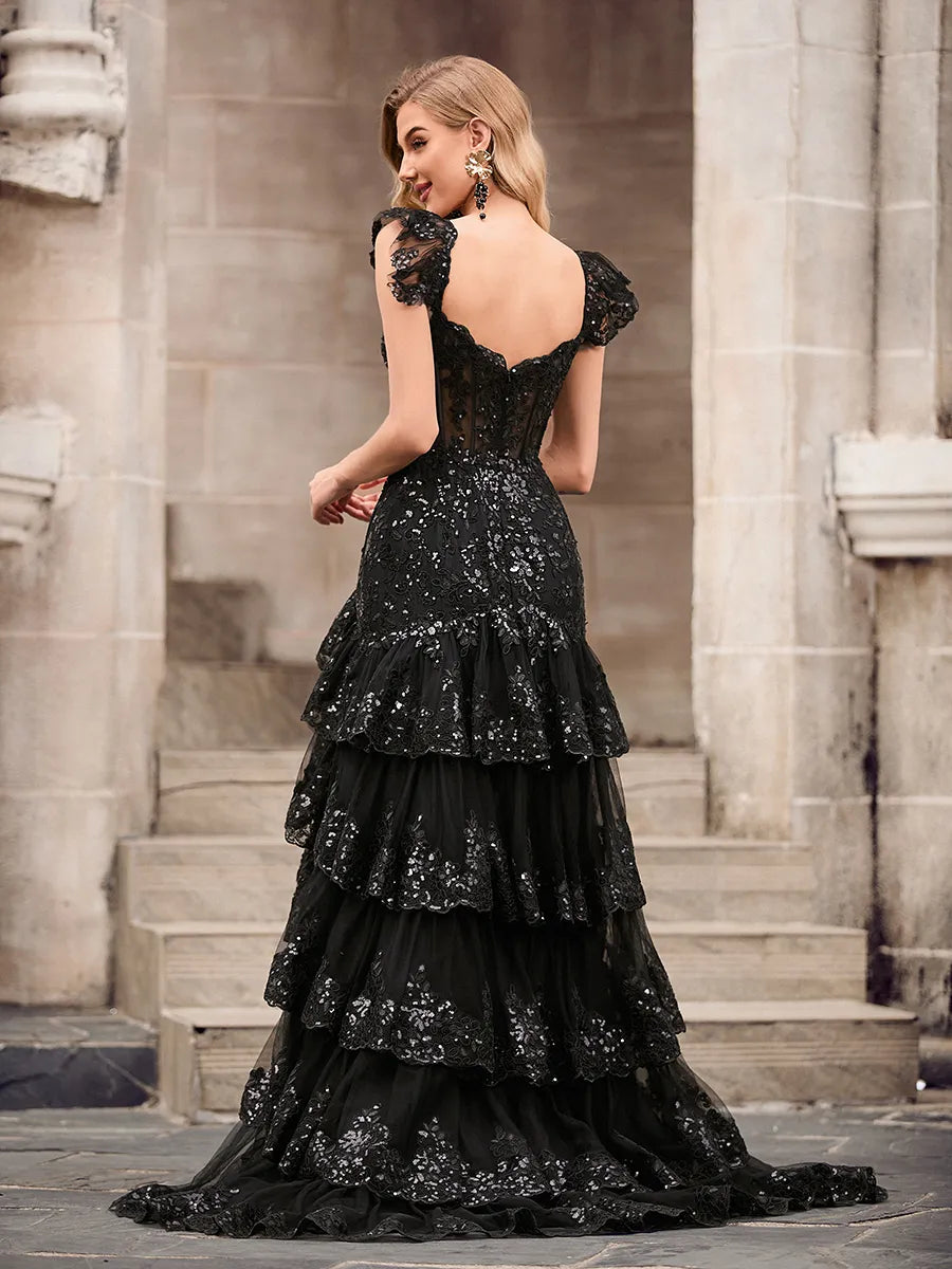 Glamorous Black Sequin Lace Mermaid Sweetheart Cap Sleeve Low Back Train Prom Dress