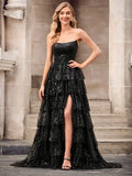 Glam Black Sequin Tulle A-Line Strapless Lace-Up Slit Train Prom Dress