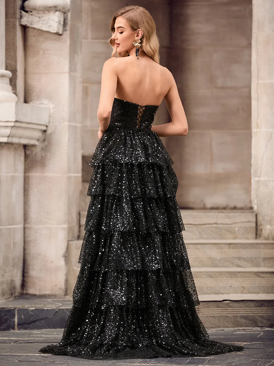 Glam Black Sequin Tulle A-Line Strapless Lace-Up Slit Train Prom Dress