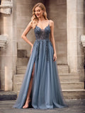 Elegant Dusty Blue Tulle A-Line V-Neck Spaghetti Strap V-Back Slit Floor-Length Prom Dress