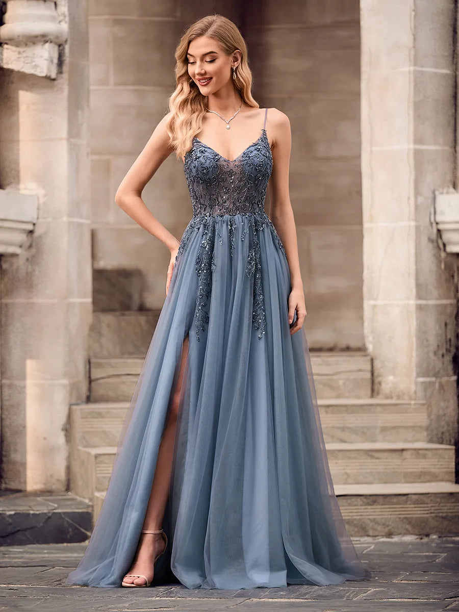 Elegant Dusty Blue Tulle A-Line V-Neck Spaghetti Strap V-Back Slit Floor-Length Prom Dress