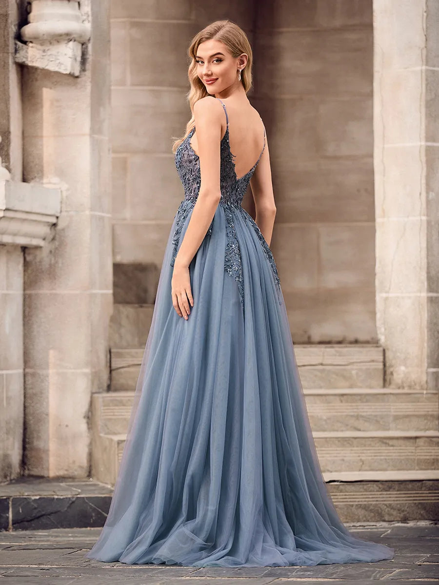 Elegant Dusty Blue Tulle A-Line V-Neck Spaghetti Strap V-Back Slit Floor-Length Prom Dress