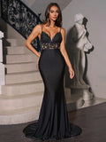 Chic Black Satin Mermaid V-Neck Lace Spaghetti Strap Low Back Train Prom Dress
