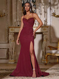 Gorgeous Burgundy Glitter Mermaid Sweetheart Spaghetti Strap Crisscross Back Slit Train Prom Dress