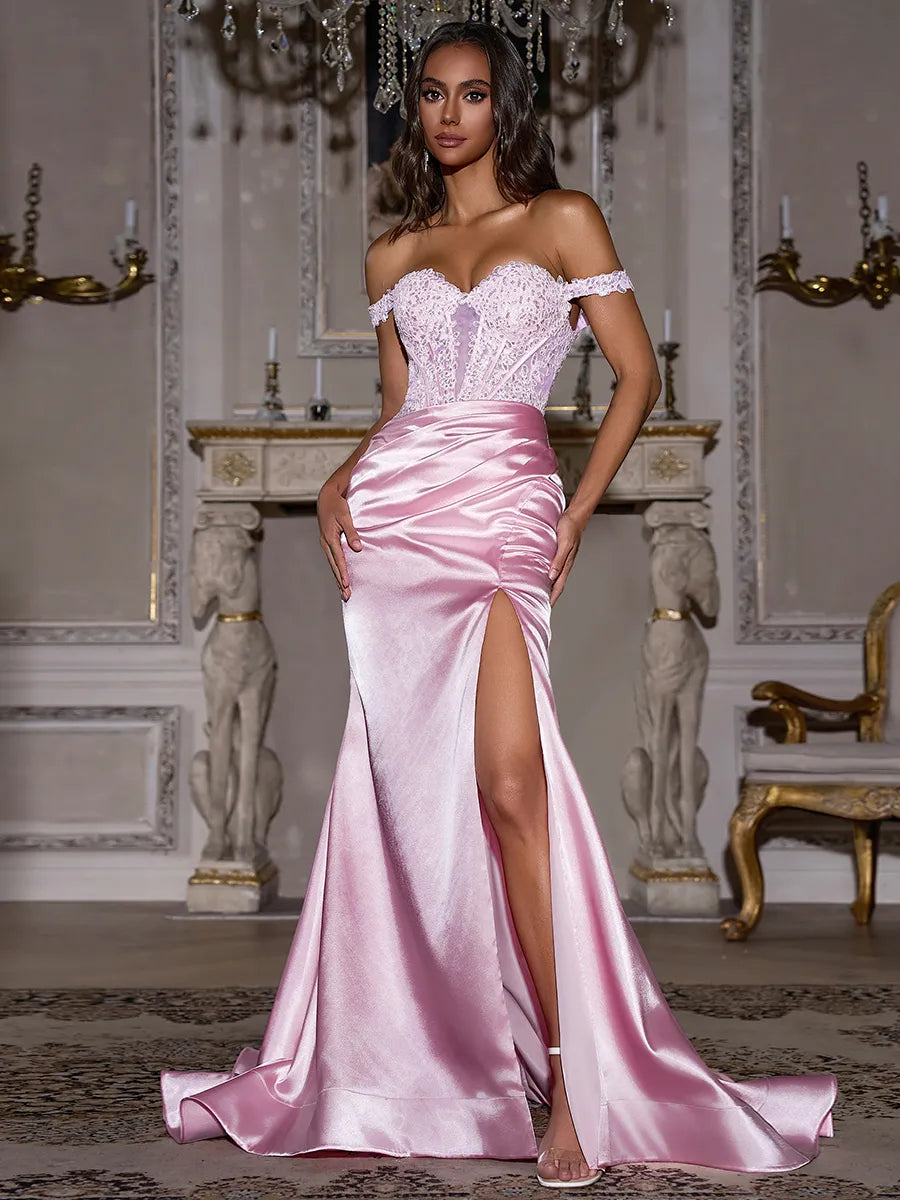 Elegant Pink Satin Lace Mermaid Off Shoulder Low Back Slit Train Prom Dress