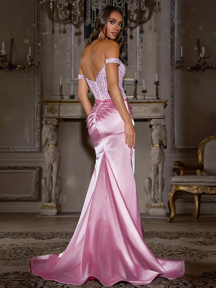 Elegant Pink Satin Lace Mermaid Off Shoulder Low Back Slit Train Prom Dress