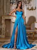 Stunning Turquoise Satin A-Line Sweetheart Spaghetti Strap Lace-Up Back Slit Train Prom Dress