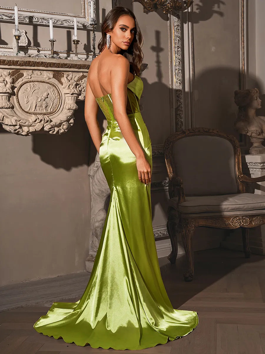 Vibrant Apple Green Satin Mermaid Strapless Cowl Neck Open Back Slit Train Prom Dress