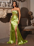 Vibrant Apple Green Satin Mermaid Strapless Cowl Neck Open Back Slit Train Prom Dress