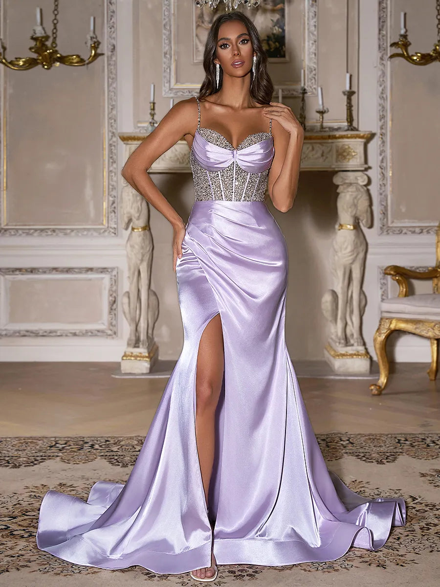Elegant Lavender Satin Mermaid Sweetheart Beaded Strap Crisscross Back Slit Train Prom Dress