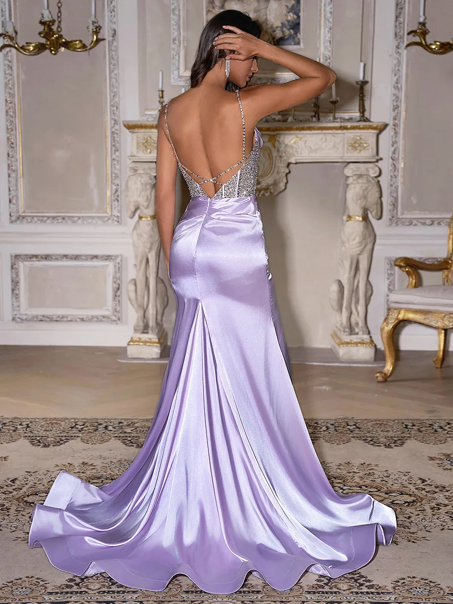 Elegant Lavender Satin Mermaid Sweetheart Beaded Strap Crisscross Back Slit Train Prom Dress