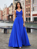 Sparkly A-Line V-Neck Spaghetti-Strap Lace-Up Back Long Prom Gown