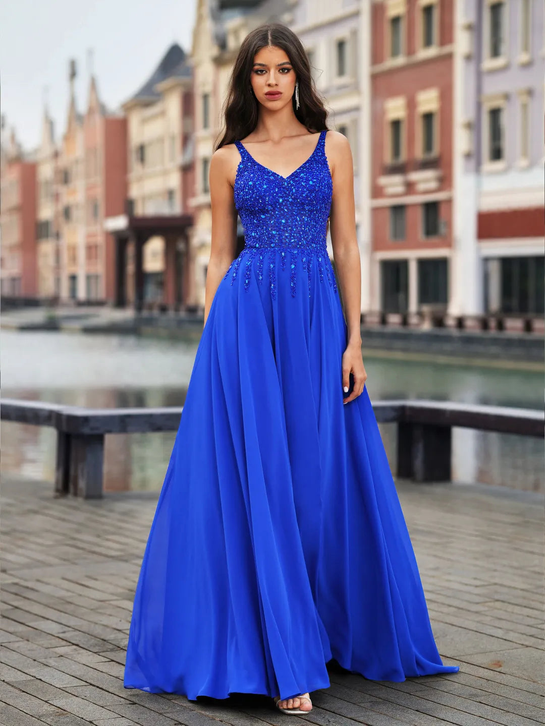 Sparkly A-Line V-Neck Spaghetti-Strap Lace-Up Back Long Prom Gown