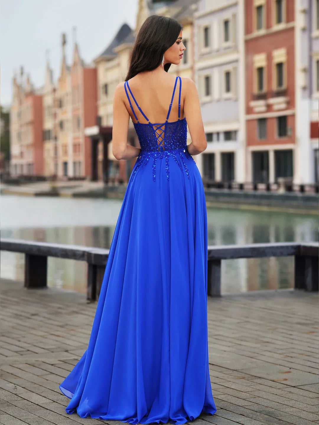 Sparkly A-Line V-Neck Spaghetti-Strap Lace-Up Back Long Prom Gown