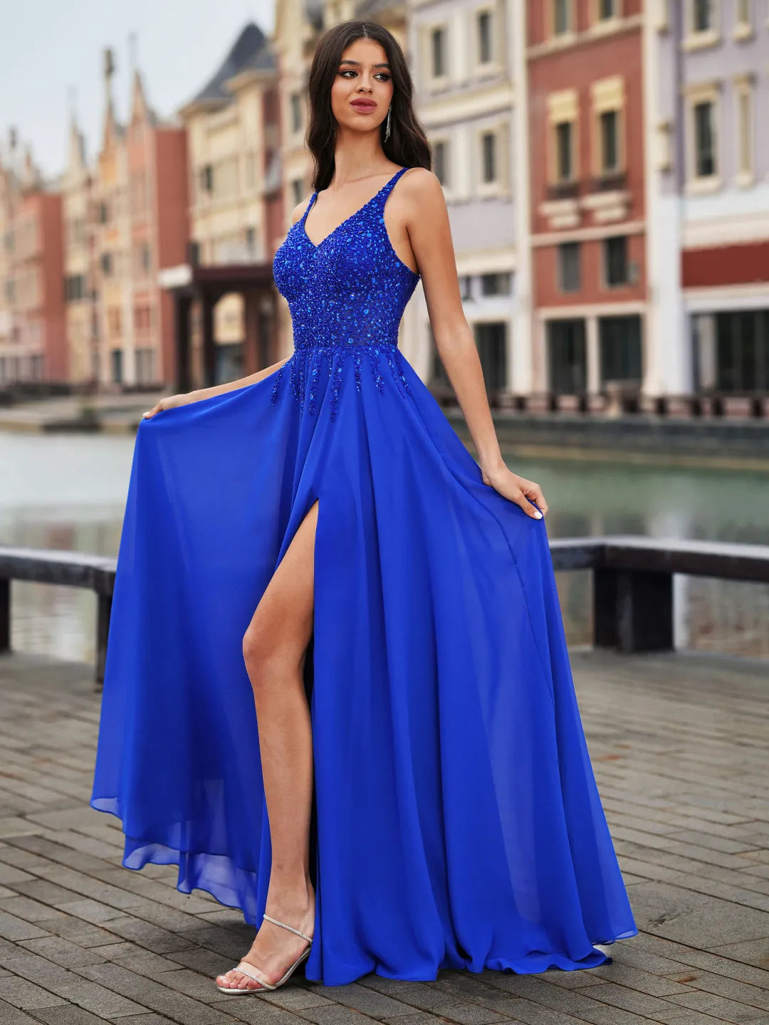 Sparkly A-Line V-Neck Spaghetti-Strap Lace-Up Back Long Prom Gown