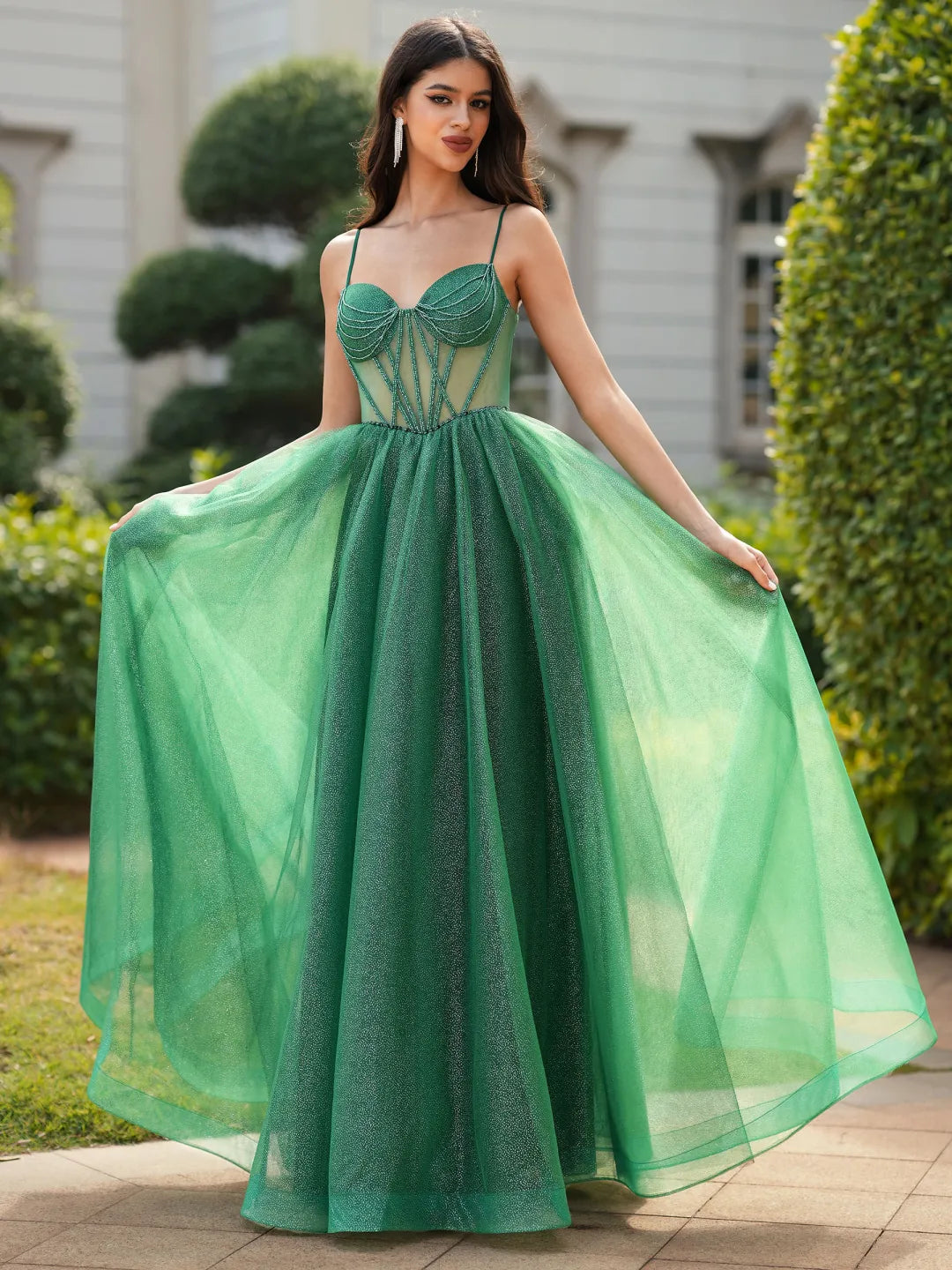 Sparkly A-Line Sweetheart Spaghetti Straps Low Back Floor-Length Prom Gown