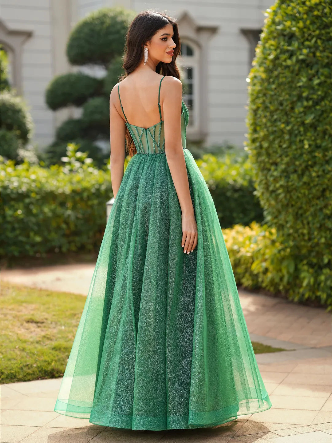 Sparkly A-Line Sweetheart Spaghetti Straps Low Back Floor-Length Prom Gown