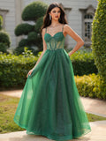 Sparkly A-Line Sweetheart Spaghetti Straps Low Back Floor-Length Prom Gown