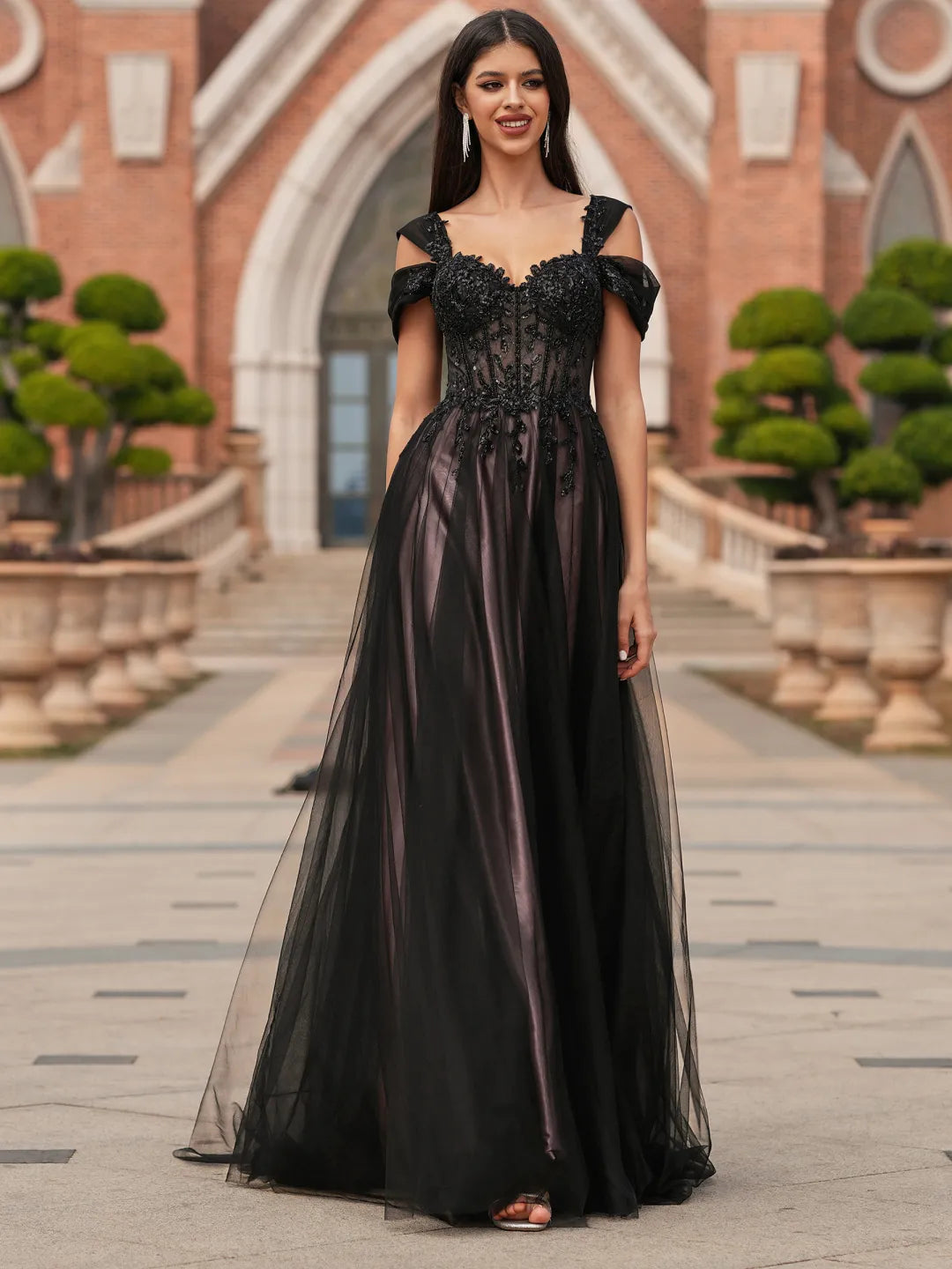 Black Tulle A Line Prom Dress Sweetheart Off Shoulder Beaded Lace Up ...
