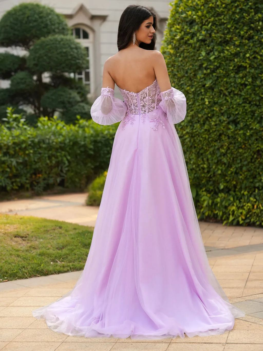 Elegant A-Line Sweetheart Detachable Sleeve Open Back Floor Prom Gown
