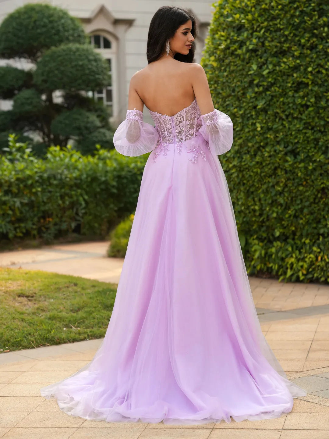 Elegant A-Line Sweetheart Detachable Sleeve Open Back Floor Prom Gown