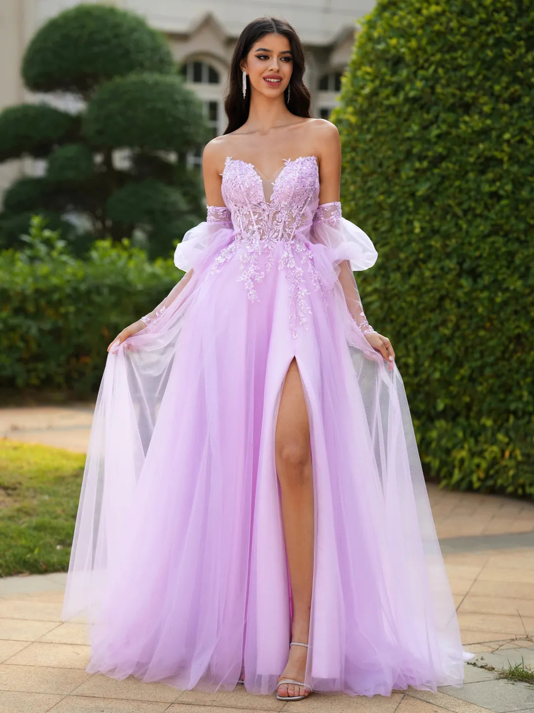 Elegant A-Line Sweetheart Detachable Sleeve Open Back Floor Prom Gown