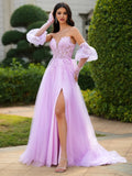 Elegant A-Line Sweetheart Detachable Sleeve Open Back Floor Prom Gown