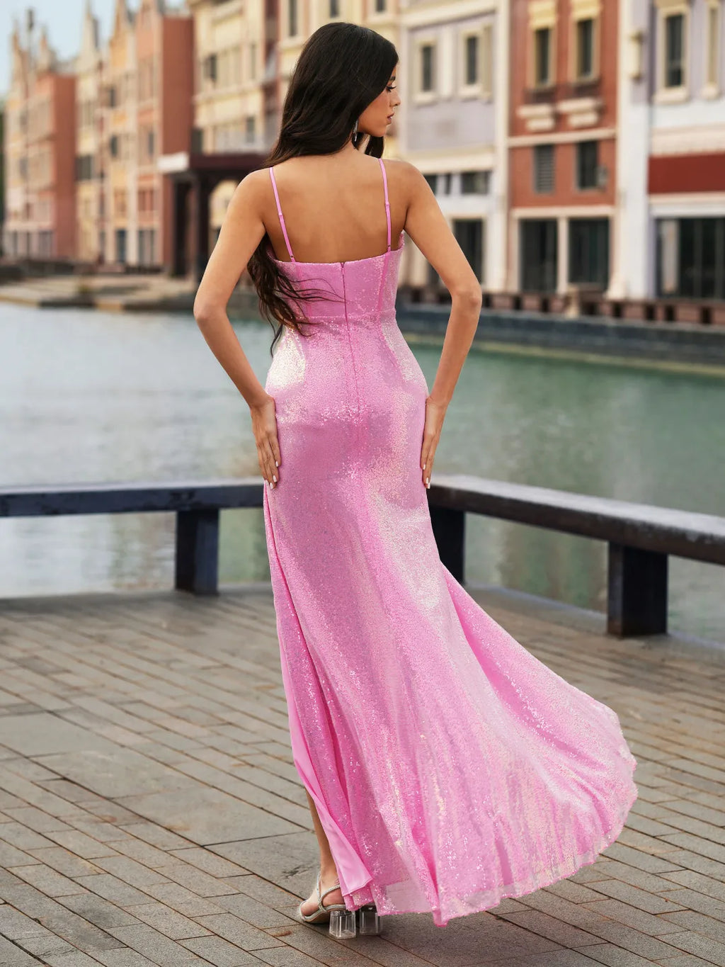 Sparkly Mermaid Sweetheart Spaghetti Strap Zipper Back Slit Long Prom Gown