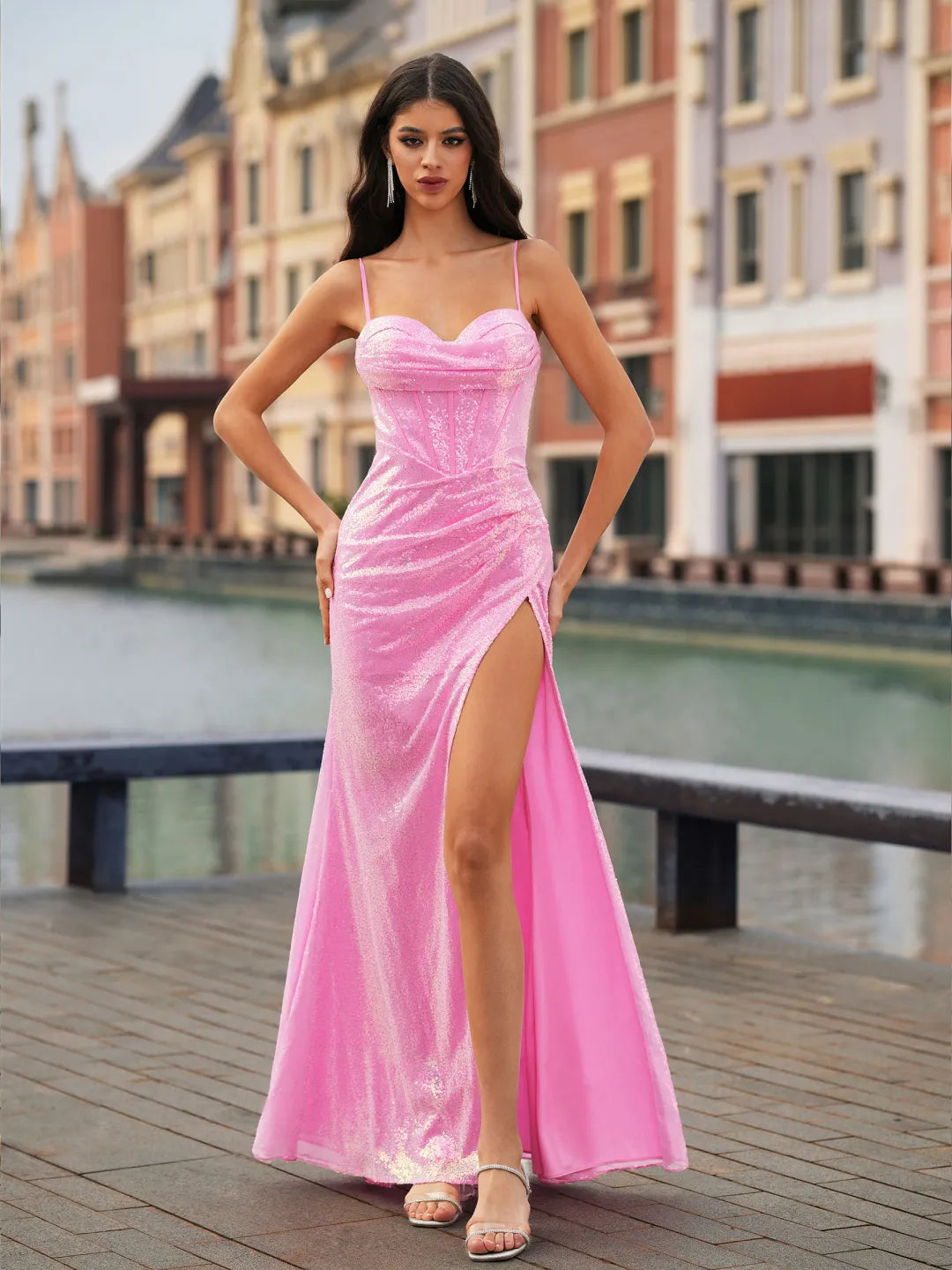 Sparkly Mermaid Sweetheart Spaghetti Strap Zipper Back Slit Long Prom Gown