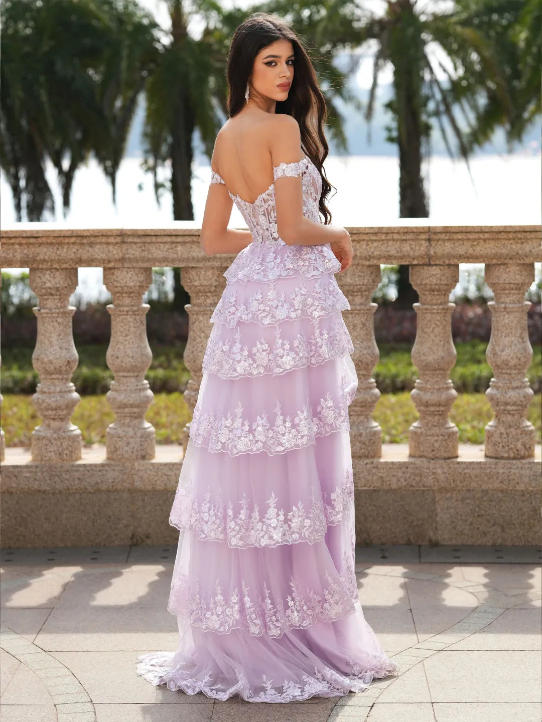 Tiered A-line Off-Shoulder Short Sleeve Sheer Back Slit Long Prom Gown