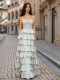 Tiered A-line Sweetheart Strapless Sheer Back Long Prom Gown