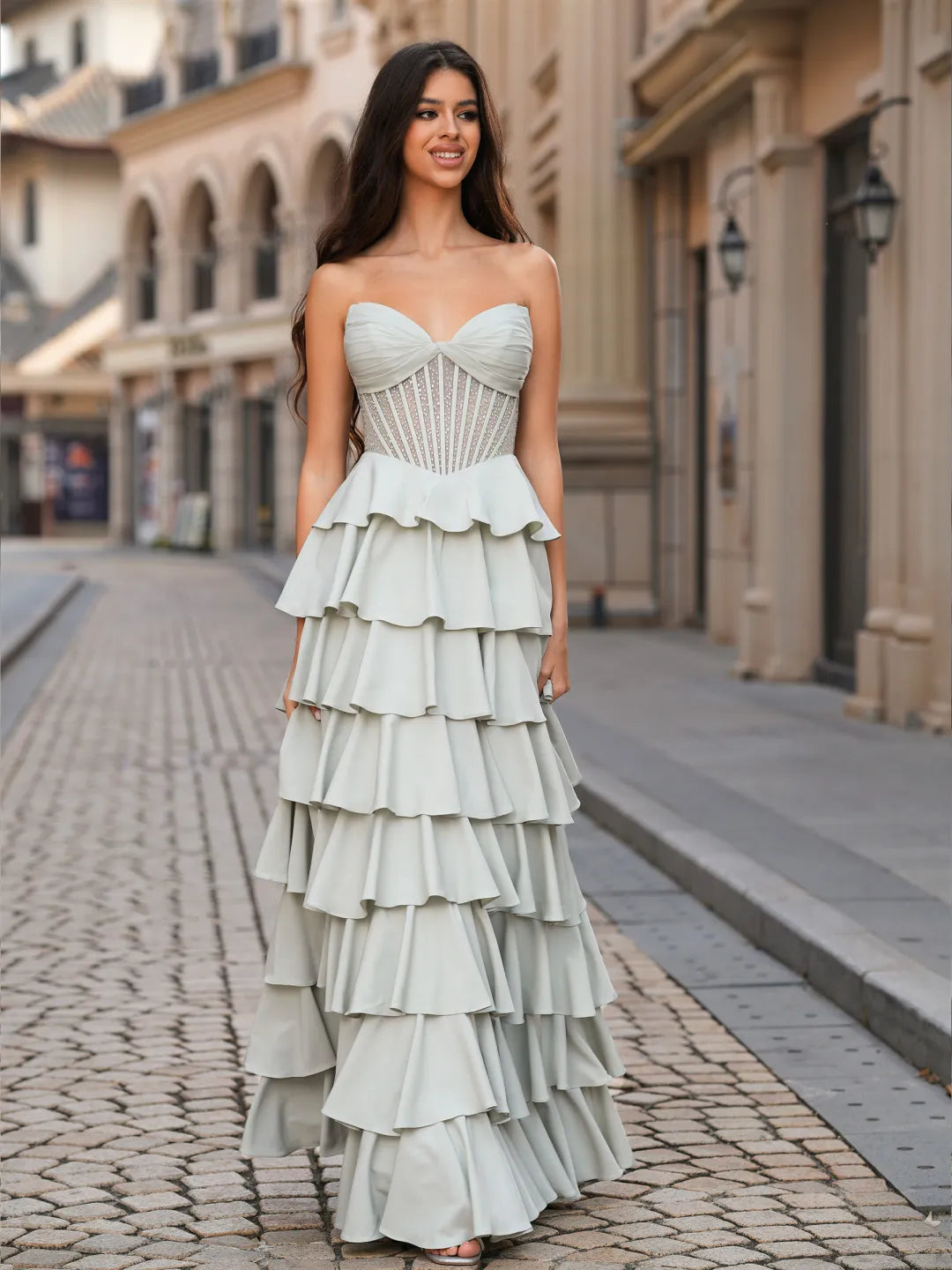 Tiered A-line Sweetheart Strapless Sheer Back Long Prom Gown