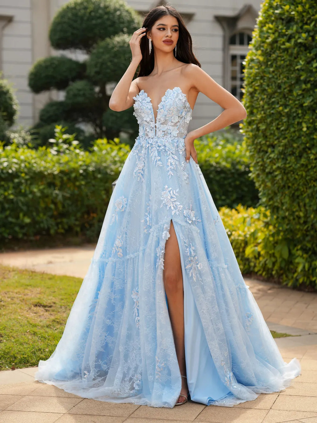 Floral A-Line Sweetheart Strapless Open Back Long Prom Gown